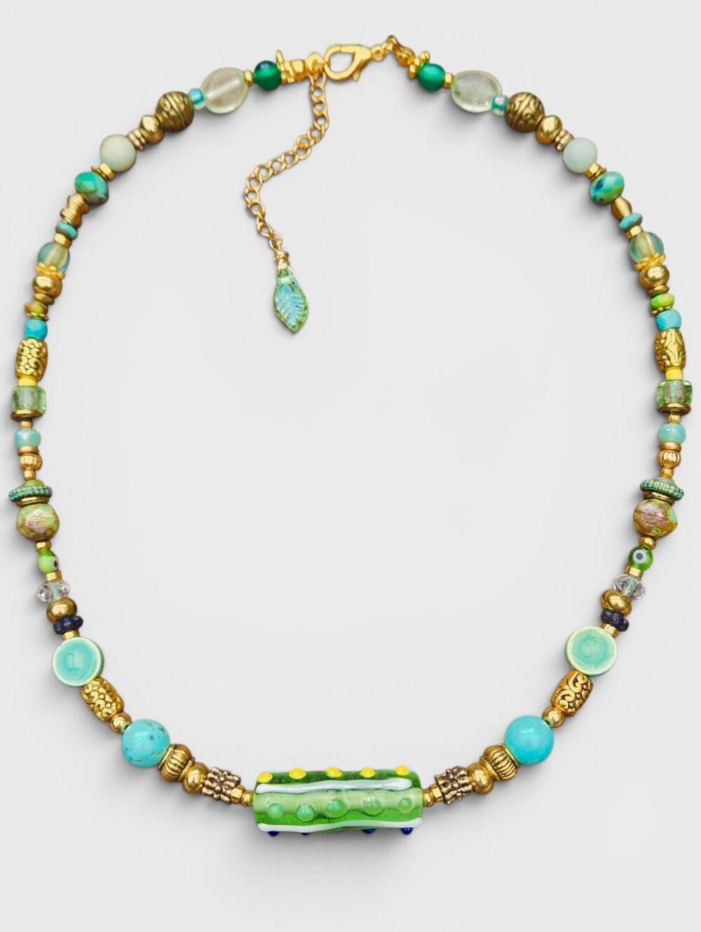 Lampwork Glass Necklace Ooak 16"-18" Gold Sea Green Leaf Beachy Summer Dopamine